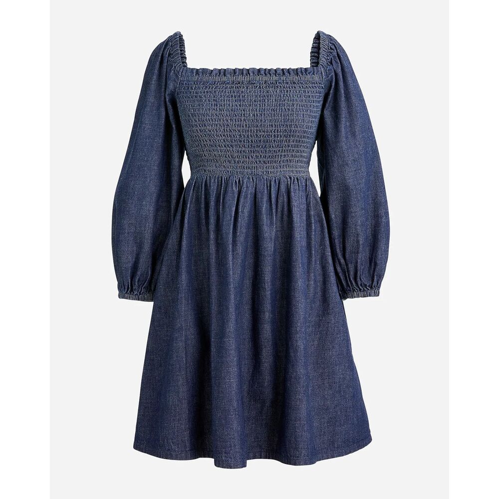 J. Crew | Smocked Puff Sleeve Dress in Chambray Long Sleeve Navy | S